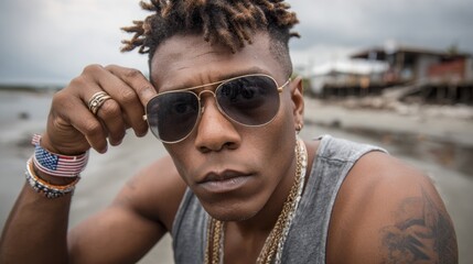 Young African American man enthusiastically waving the USA flag at a coastal location during an overcast day