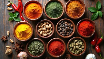 Overhead view of colorful spice bowls arranged on rustic wooden table. Featuring turmeric, chili powder, green herbs, cardamom, peppercorns,. Essential ingredients for culinary, cooking, kitchen,