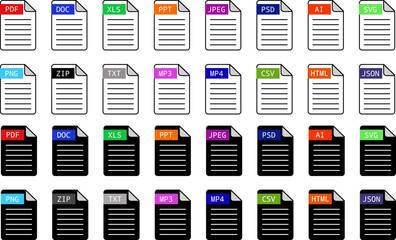File format icons, document icons set, colored icons set, line and flat icon.File format icons, document icons set, black and white icons set, line and flat icon.
