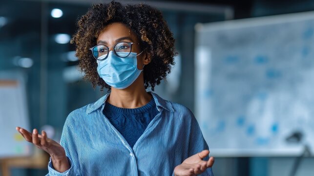 african american businesswoman with protective face mask giving a presentation in the office no logos no brands ar 169