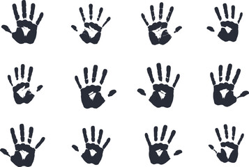 
Set of black handprint silhouettes, vector isolated grunge palm prints in various shapes and ink textures on white background