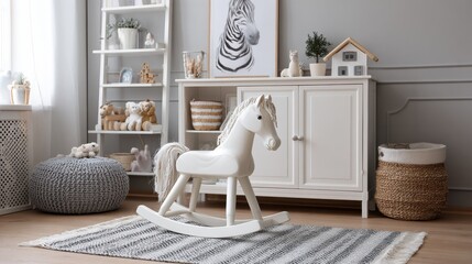 white rocking horse on rug in grey babys bedroom interior with poster above cabinet real photo no logos no brands ar 169