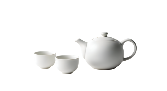 White Porcelain Teapot and Cups Sit Elegantly Against a Transparent Background Still Life
