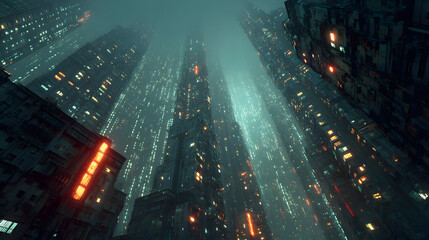 Red binary code storm over futuristic skyscrapers in cyber city