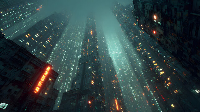 Red binary code storm over futuristic skyscrapers in cyber city