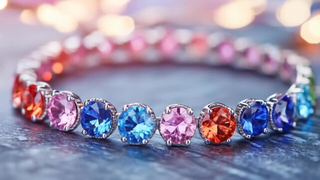 Bracelet with colorful gemstones on marble, bokeh background