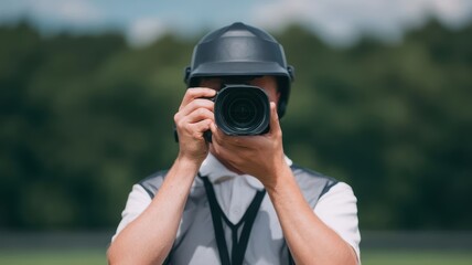 A person in a helmet holding a camera in a natural setting.
