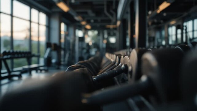 Gym interior featuring barbell equipment and a blurry background with windows revealing the outdoor landscape. 4k video