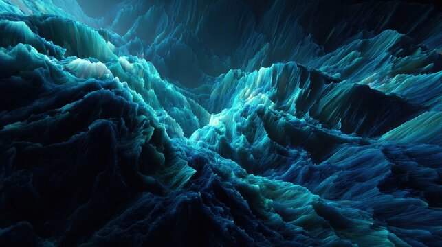 Abstract teal digital landscape, glowing valleys, dark background, for sci-fi design