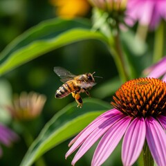 European Honey Bee (Apis Mellifera) Flying Towards a Vibrant Orange and Purple Dahlia Flower in a Sunny Garden