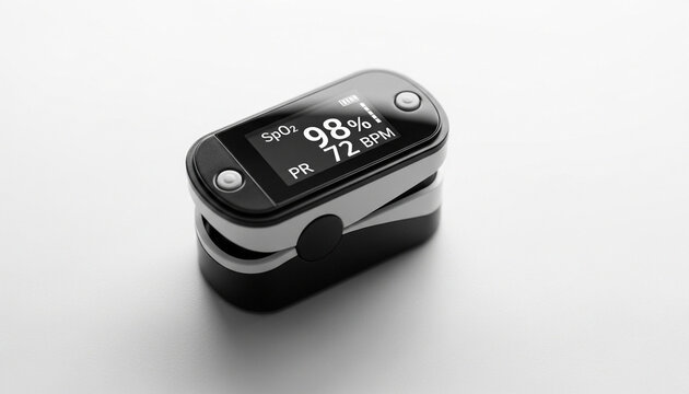 Digital pulse oximeter showing oxygen saturation and heart rate on black and silver device