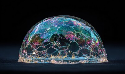 A vibrant, colorful soap bubble dome on a dark background
