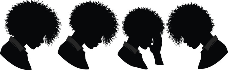 
Silhouette of a worried man with afro hair, mental health concept, emotional stress, depression, anxiety, burnout, frustration illustration.