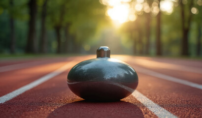 Premium shot put with stylish, modern design rests on running track. High-quality athletic equipment built for performance, durability. Streamlined, robust build ensures effective training,