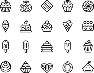 Collection of hand drawn sweet dessert icons for food and baking themes
