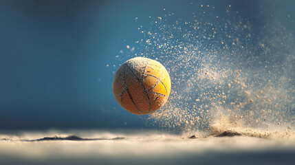 Slow-motion photo: sand flying off volleyball on serve, frozen droplets, bright daylight