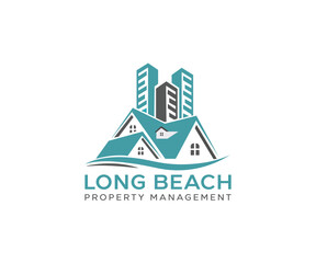 Obraz premium Real estate logo design featuring a beach house icon with a roof and building symbol