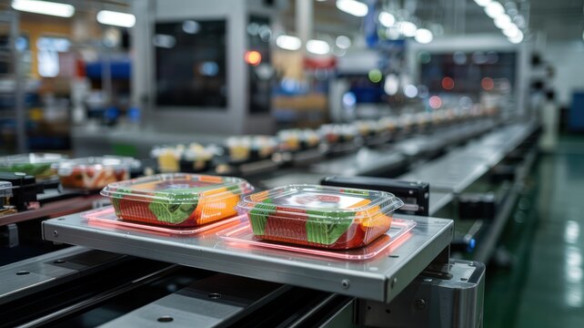  Fresh food meals in containers on an automated packaging conveyor line in a factory. Modern food industry and mass production concept.