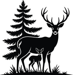 Naklejka premium Majestic stag and fawn beside pine tree deer forest