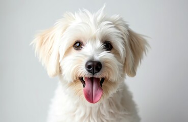 Obraz premium Fluffy white Coton de Tulear dog with brown eyes, pink tongue, posing happily on plain background. Adorable small dog breed, often mistaken for Maltese Bichon, soft fur, playful demeanor, perfect for