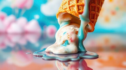 An upsidedown ice cream cone melts with blue and white ice cream pooling on a reflective surface
