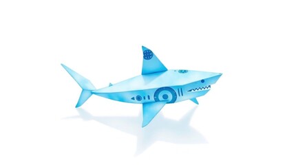 Fototapeta premium Blue cartoon shark origami with geometric designs and reflection