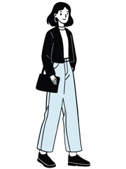 Stylized illustration of a woman in a black jacket and light blue pants with a black handbag fashion