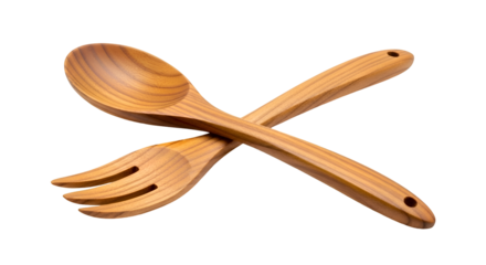 Wooden Spoon and Fork Cross Each Other on Transparent Background in Studio Shot