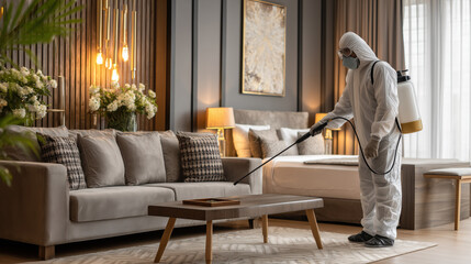 Pest control worker in full hazmat suit disinfects modern living room with spray