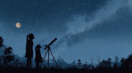 mother and daughter observing stars planets moon and night sky with astronomical telescope no logos no brands ar 169