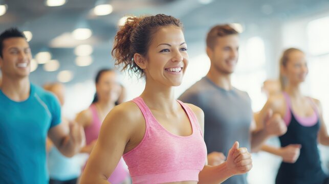 fitness sport training gym and lifestyle concept  group of smiling people exercising in the gym no logos no brands ar 169