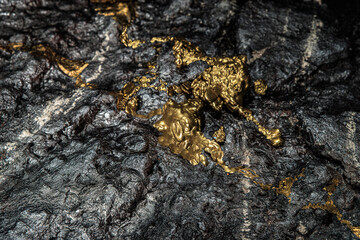 A gold vein, small pieces of gold nuggets within a rock, accumulation of gold in rocks, formed in cracks, faults, or fissures. Close up view