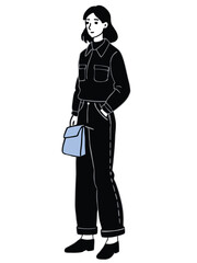 Obraz premium Minimalist illustration of a woman in a black outfit and light blue handbag on a white background fashion