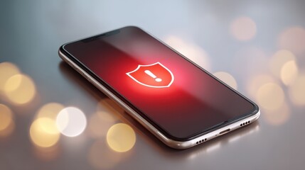 Smartphone with red glowing shield security alert on screen. symbol of hacking warning, fraud detection, and system threat creating feeling of danger