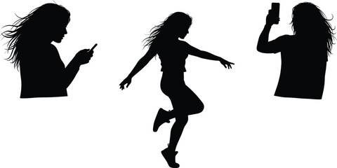 
Silhouette of young woman dancing, using smartphone, taking selfie, modern lifestyle, social media addiction, technology, freedom, mobile device concept.