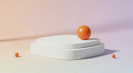 White geometric podium with orange spheres against gradient background image