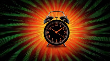 Urgent alarm clock for time management with radial motion ripple effect. background is red and green, creating feeling of urgency and deadline approaching