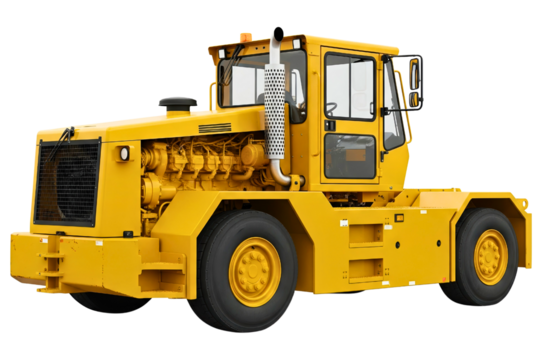 Yellow heavy-duty terminal tractor for moving shipping containers isolated on a transparent background