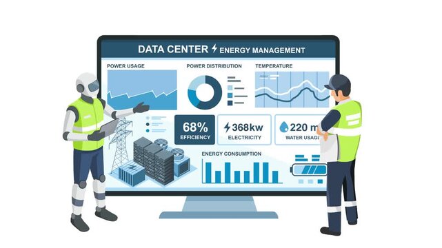 AI help engineer in real time energy management and system optimization inside a modern data center facility isolated cartoon