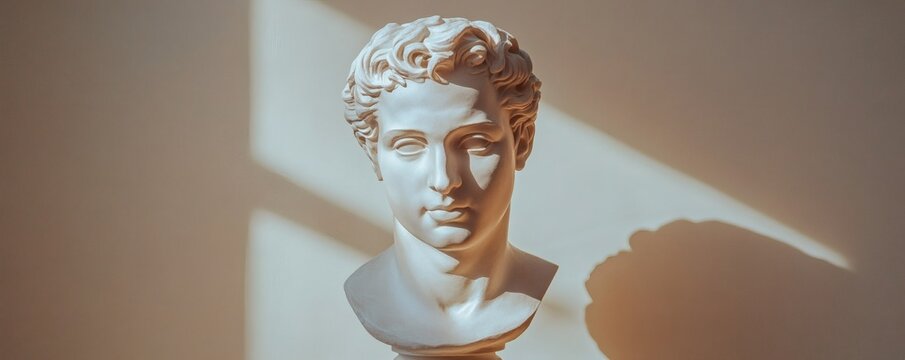 A classical style white bust sculpture portrait with dramatic lighting