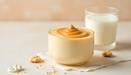 Caramel Delights: A tantalizing swirl of creamy caramel pudding is presented alongside a refreshing glass of milk, creating a delicious scene of indulgence.
