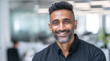 Obraz premium portrait of young happy indian business man executive looking at camera eastern male professional teacher smiling ethnic bearded entrepreneur or manager posing in office close up face headshot no log