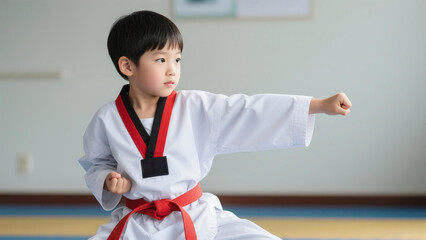 Korean Child Practicing Taekwondo in Dojang