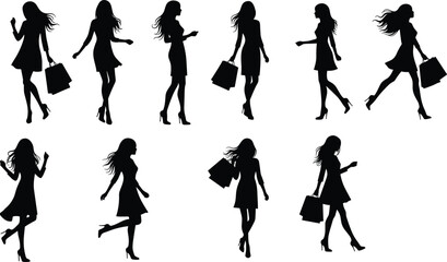 
Silhouettes of fashionable women shopping, walking confidently with bags, modern lifestyle, elegance, fashion, femininity, retail, style, movement, urban
