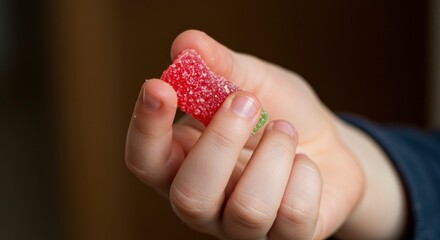 Childs hand holding a red and green sugarcoated gummy candy