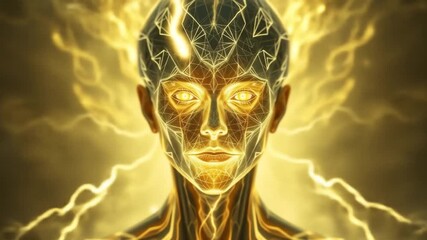 Abstract Golden Humanoid Figure with Geometric Head and Energy Field Video
