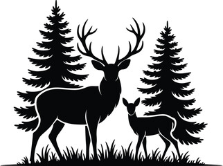 Obraz premium Majestic stag and fawn among pine trees deer forest