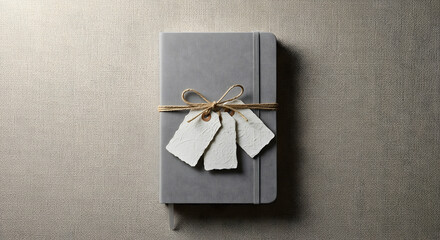 Grey Notebook with Handmade Tags and Twine on Beige Background