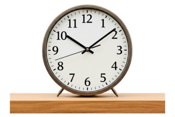Classic analog table clock with a metal frame on a wooden shelf isolated on a transparent background