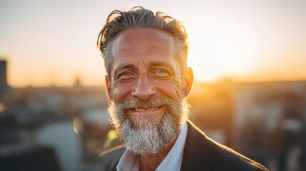 portrait of happy mature man looking at camera outdoor senior businessman with beard feeling confident at sunset closeup face of business man smiling with city in background no logos no brands ar 169